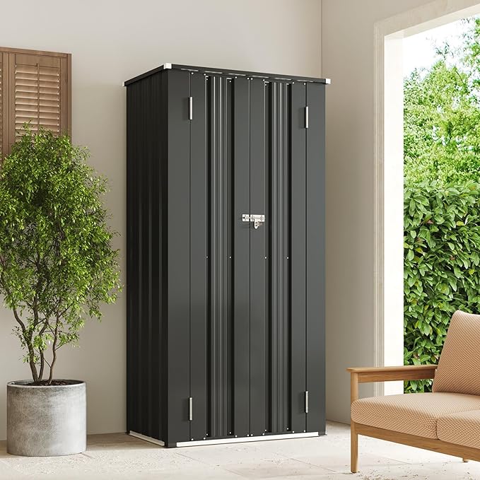 Aoxun 31x19 in Outdoor Storage Cabinet Metal Garden Shed with 2 Adjustable Shelves 3 Layer Indoor& Outdoor Waterproof Vertical Storage Shed for Patio Garden, Garage, Porch (Black, 22 Cu.Ft)