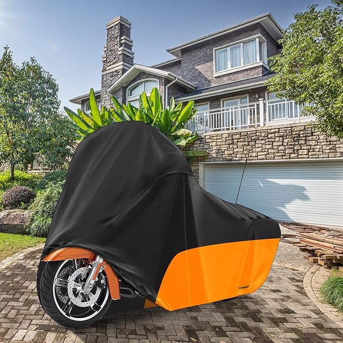 Motorcycle Cover, with Vents Dirt Bike Cover,for Different Touring Models Harley Davidson Road King,Road Glide,Street Glide,Electra Glide,Low Rider-ST (Black&Orange)