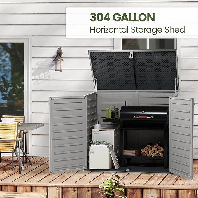 Outdoor Trash Can Storage Shed 4.6 x 4.1 FT, 304 Gallon Resin Shed with Lockable Doors & Lift Lid, Waterproof Outdoor Storage for Garden Tools, Cushions & Patio Equipment
