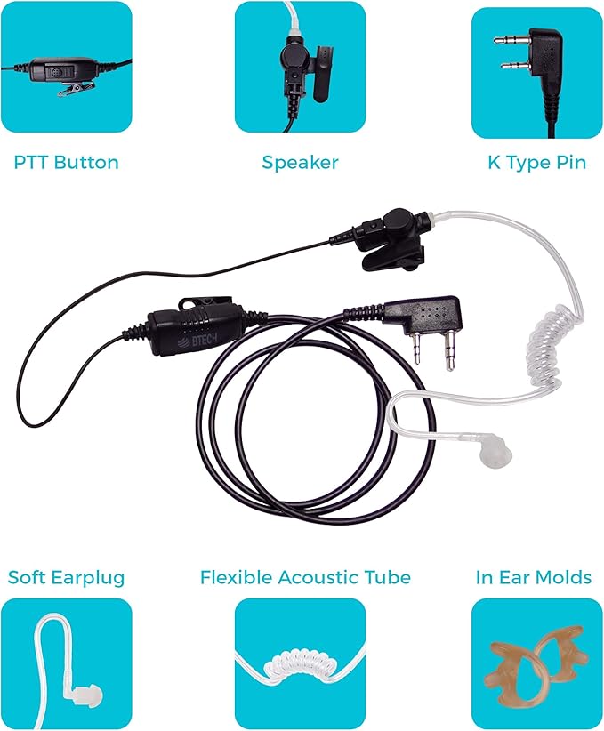 BTECH QHM07 Platinum Series Noise-Cancelling Earpiece with in-line PTT & Microphone for K1 Radios Like BaoFeng, Kenwood Radios (Includes Earmolds and Earbud, 1 Pack)