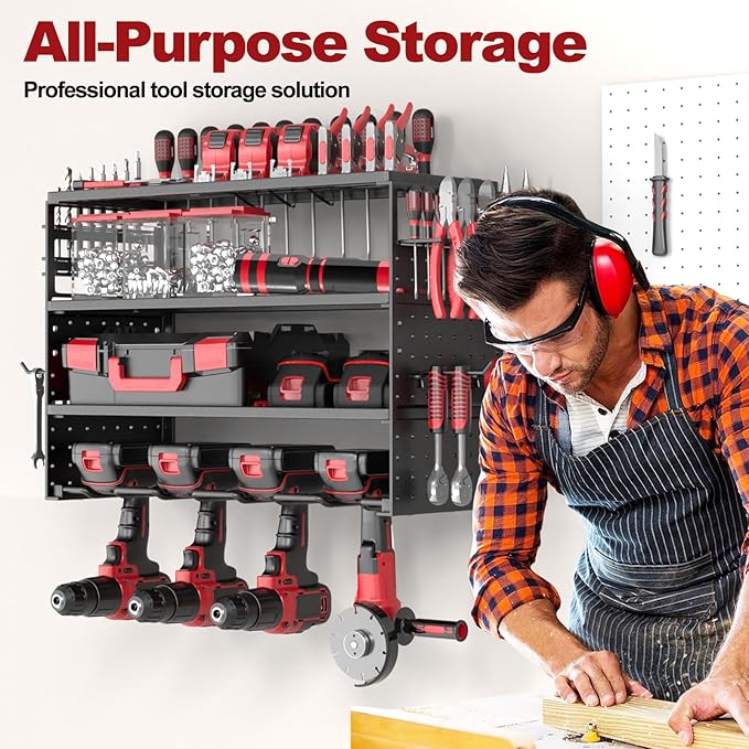 Power Tool Organizer Wall Mount - 4 Layer Metal Power Tool Storage Rack, Cordless Drill Holder with 4 Hooks, Utility Storage Rack for Garage Workshop Shed Pegboard