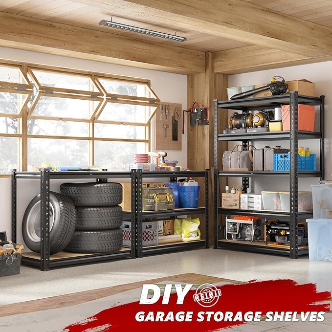 REIBII 2020LBS Garage Shelving Heavy Duty 5 Tier Storage Shelves Adjustable Garage Shelves, Utility Rack Shelf, Shelving Units for Storage Warehouse Pantry Closet, 35.5" W x 11.9" D x 72" H, 2 Pack