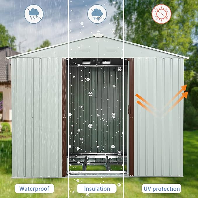 6x5 FT Outdoor Storage Shed, Metal Garden Shed with Frame Floor, Outside Tool Shed with Lockable Sliding Doors, Waterproof Storage Building with Sloped Roof for Backyard, Patio, Lawn, White