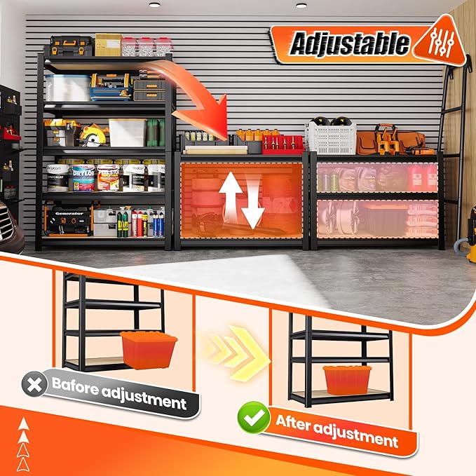 72" H*46'' Storage Shelves 2500lbs Garage Shelving Adjustable Heavy Duty Garage Shelves Easy To Install Metal Shelving Wood Shelving Unit Storage Shelf for Basement Warehouse Industrial Kitchen Pantry