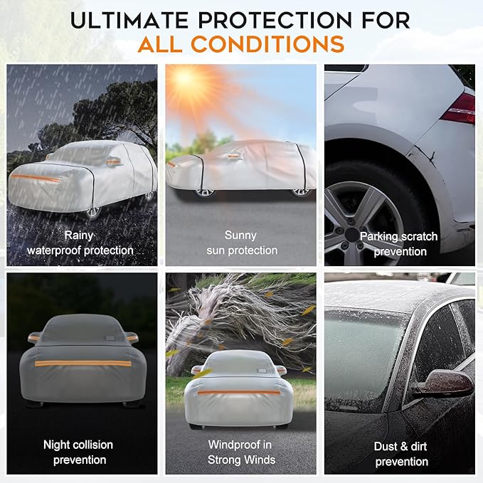 Waterproof SUV Car Cover: 6-Layer Protection from Rain, Snow, UV & Dust - Universal Fit up to 177 inches with Zipper Door & Windproof Straps for Outdoor, Garage, Travel Use, Silver
