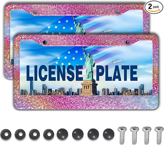License Plate Frame Multicolor License Plate Holder Shining Rainbow Gradient Sparkle Glitter Women Aluminum Metal Car Accessory 2 Pack with Screw Covers Set