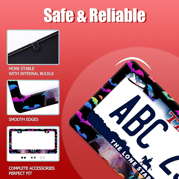Bat License Plate Frame Funny Gothic License Plate Frames Stainless Steel Accessories Cars Decor with 2 Holes and Screws Reusable Fits Standard Us Ca Vehicles License Plate Holder 12.2 X 6 Inch