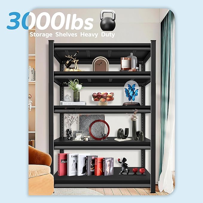 3000LBS Garage Storage Shelves Heavy Duty, 48" W x 24" D x 78" H,5-Tier Garage Shelving Heavy Duty, Industrial Metal Shelving Units for Garage, Basement,Fish Tank,Black