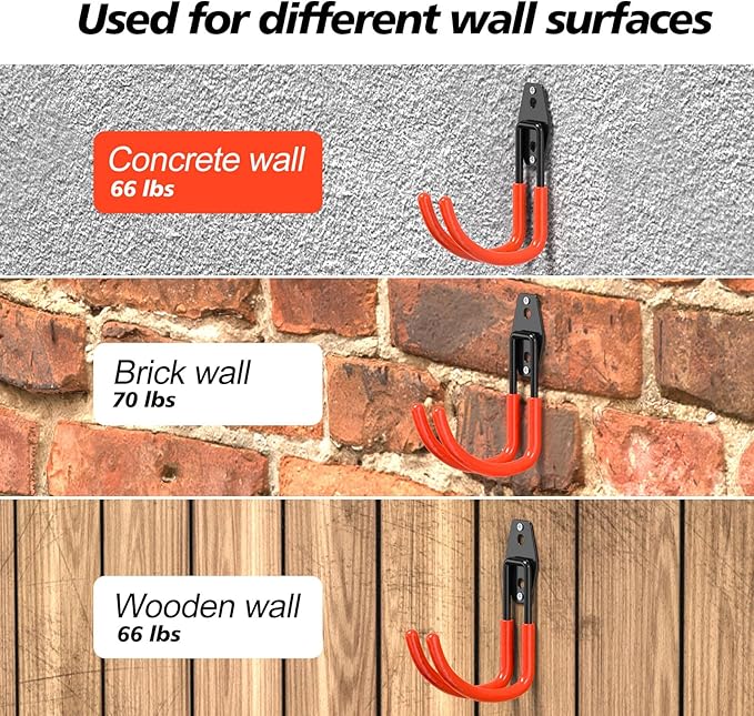 4 Pack 5.5x4.1 inch J Heavy Duty Garage Hooks,Solid Steel Wall Mount Hangers,with Anti-Slip Coating,for Hanging and Organising Ladder,Bike,Ropes,Broom,Garden,Yard and Power Tools