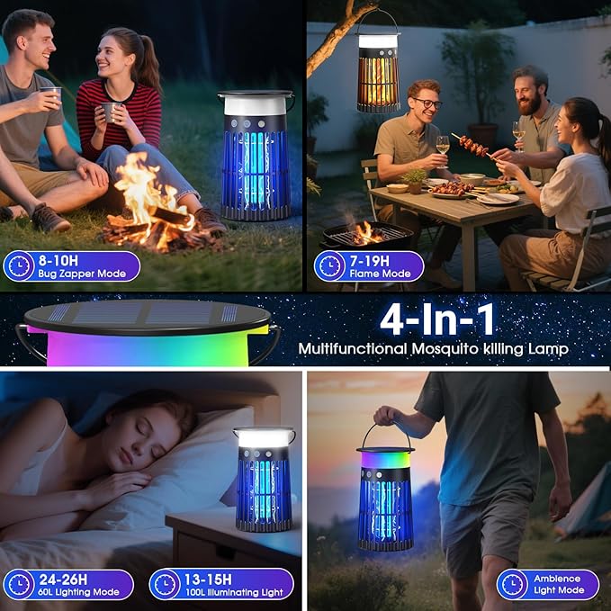 Solar Bug Zapper Outdoor, Portable Electric Mosquito Killer with Panel Sensor, Rechargeable Insect Trap with LED Night Light and Flame Effect, Ideal for Outside Patio, Backyard, and Camping (1 Pack)