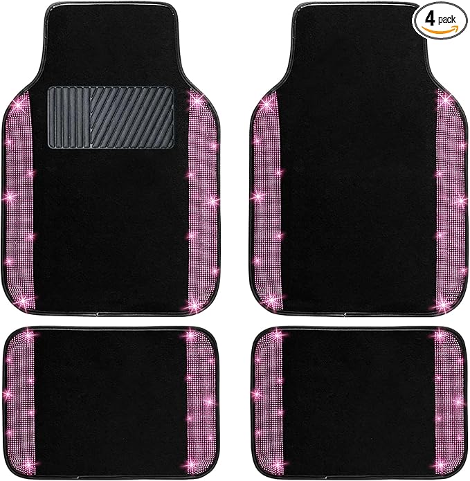 NBTEPEM Pink Bling Car Floor Mats Full Set, Universal Fit Most Cars,SUV, Trucks, 4 pcs Sparkle Glitter Diamond Carpet for Women Girls with Anti-Slip Pad (Pink Diamond)