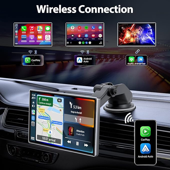 Upgrade Wireless Carplay Screen, Android Auto, Portable 7" HD IPS Screen for Car, GPS Navigation, Bluetooth Handsfree, AirPlay, MirrorCast, AUX/FM Transmitter Fit Most Car Models