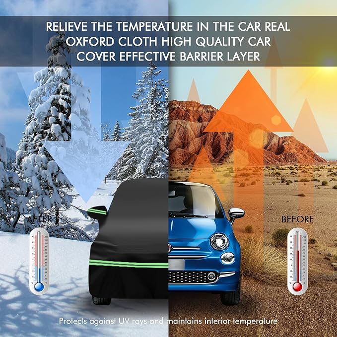 Replace for 2007-2023 Fiat 500/500C Car Cover 210D Outdoor Waterproof UV Snow Rain Protection, with Cotton Layer, Zipper Door, Reflective Strip, Storage Bag, for Abarth Turbo Sport Lounge Pop