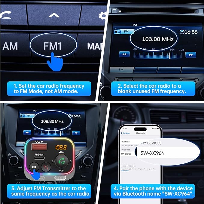 Syncwire Bluetooth 5.4 FM Transmitter Car Adapter 54W (PD 36W & 18W) [Stronger Dual Mics] [Light Switch] [HiFi Bass Sound] [Fast Charging] Wireless Radio Receiver Hands-Free Calling LED Display