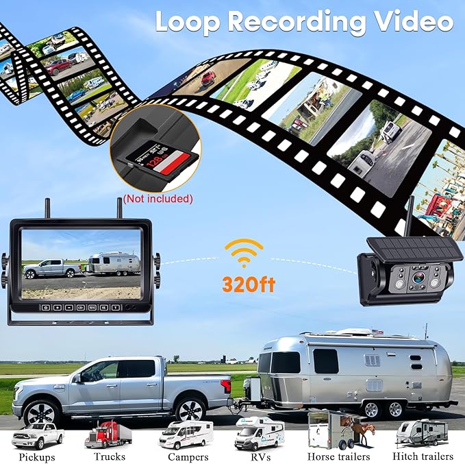Wireless RV Backup Camera 7-inch for Trailer: Easy Setup Solar RV Rear View Camera with Recording - 4 Channels Strong Magnetic HD 1080P Long-Battery Life for Camper, Truck, Fifth Wheel