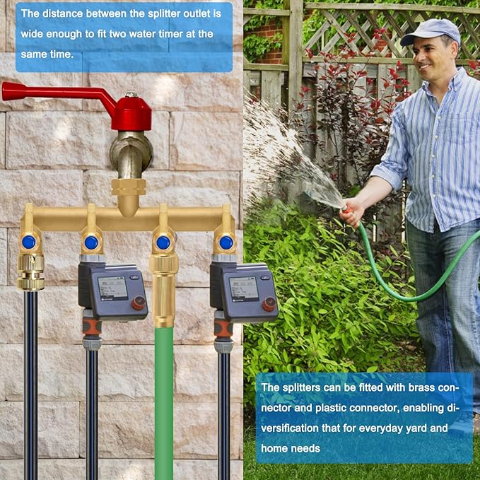 Brass Garden Hose Splitter, 4 Way Hose Splitter, Outdoor Hose Splitter, Outlet For Regulating And Shutting Off Water Flow