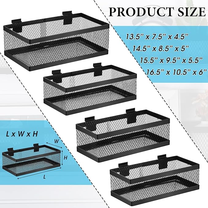 Coume 4 Pcs Black Slatwall Baskets 4 Size Metal Mesh Wire Basket for Slatwall Panels Ventilated Wall Mounted Hanging Accessories for Home Garage Retail Store Display Organizing (Big Size)