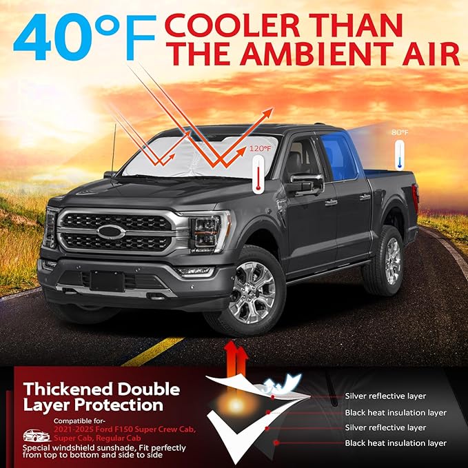KAYZT Windshield Sun Shade for Ford F150 2021-2025 Super Crew Cab, Super Cab, Regular Cab Foldable Sunshade Front Window Custom Fit Accessories