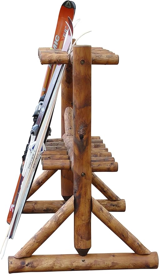 17-Place Freestanding Log Ski Rack Holder, Indoor & Outdoor Snowboard Racks, Standing Storage, Garage Racks for Snow Skis, Durable Snowboard Rack Garage Storage Organizer- Canyon Brown+ 15" Anchor Kit