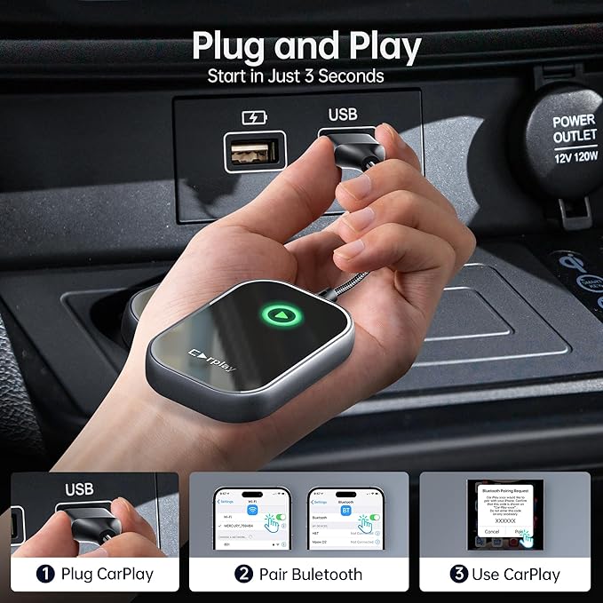 Wireless CarPlay Adapter, Converts Wired to Wireless CarPlay Dongle for Apple iPhone, Plug & Play Auto Connect Zero Latency fits for Cars from 2015 & iOS 10+ Black