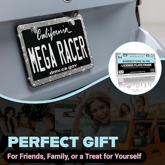 Dazzling Bling License Plate Frame for Women - 1 Pack, 800 Premium Rhinestones, Rust-Free Stainless Steel, Street Legal Slim Design, Sparkly Diamond Car Tag Holder with Glitter Crystal Screw Covers