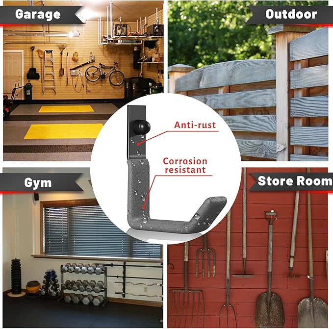 Garage Hooks for Hanging Heavy Duty, Ladder Hooks for Garage Wall Hanger, Metal J Utility Hooks, Shovel Holder Wall Mount Hooks, Garden Tool Organizer Storage for Helmet, Backpack-6Pack