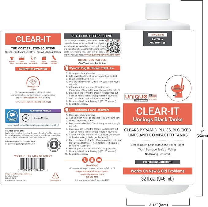 Unique Clear-It RV Black Tank Unclogger Liquid - Breaks Through Pyramid Plugs, Compacted Tanks, and Clogged Pipes 32 oz (2-Pack)