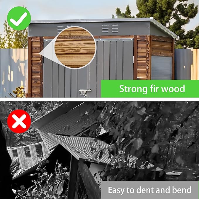 5x3 FT Outdoor Lean to Shed with Windows, Wood & Metal Tool Shed Waterproof Storage House for Outside Patio, Garden, Backyard, 4 Vents (Without Floor) Wood Color