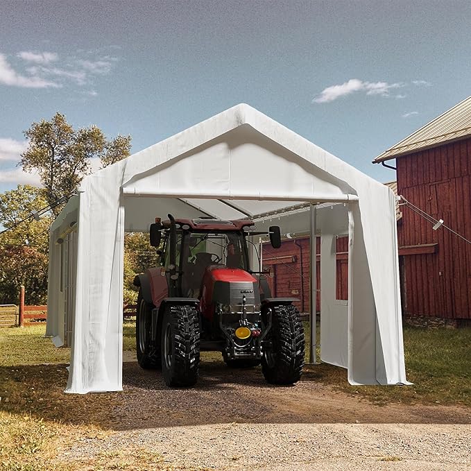 12x20ft Heavy Duty Carport Outdoor Canopy Portable Garage with 4 Doors & 4 Windows Waterproof UV Resistant Storage Shelter with Removable Sidewalls for Car Truck Boat, White