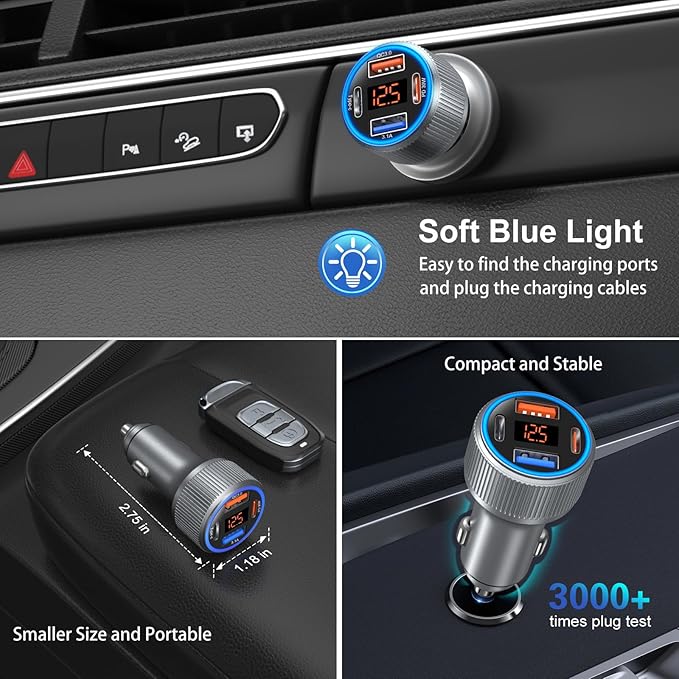 Car Charger USB C, 65W Multi Port Dual 12V Cigarette Lighter USB Car Charger Adapter with Voltage Display PD/QC 3.0 Super Fast Charge Car Phone Charger for iPhone 16 15 14 13 12 Pro Max Plus(Gray)