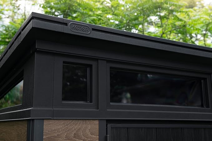 Keter Signature Collection 9x7 Ft All-Weather Storage Shed with Skylight, Window, Built-in Ventilation, Customizable Walls, & Lockable Double Doors, Walnut