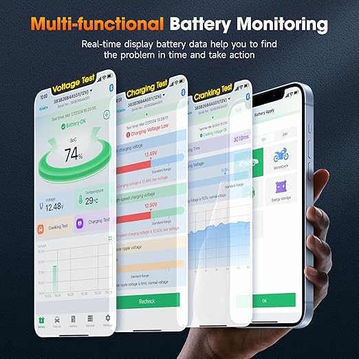(Upgraded BM300) ANCEL BM300 Pro 6V 12V 24V Battery Monitor - Bluetooth 5.3 Battery Monitor with Charging, Cranking System Test & Alarm - IP67 Waterproof Voltmeter for Trucks, Cars, Motorcycles, Boats