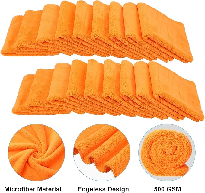 Shimeyao 30 Pcs Edgeless Microfiber Plush Towels for Cars Detailing Drying Wash Polishing Absorbent Cleaning Cloths, 500 GSM, 16 x 16 Inch(Orange)