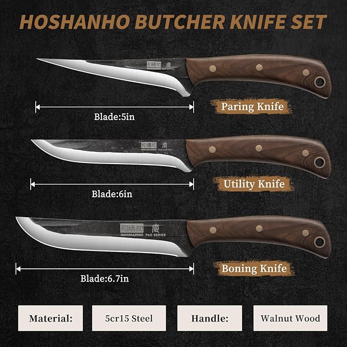 Butcher Knife Set 3-Piece, Super Sharp Hand Forged Fillet Knife & Dividing Knives & Paring Knives Set, Upgraded High Carbon Stainless Steel Meat Cutting for Home, Outdoor