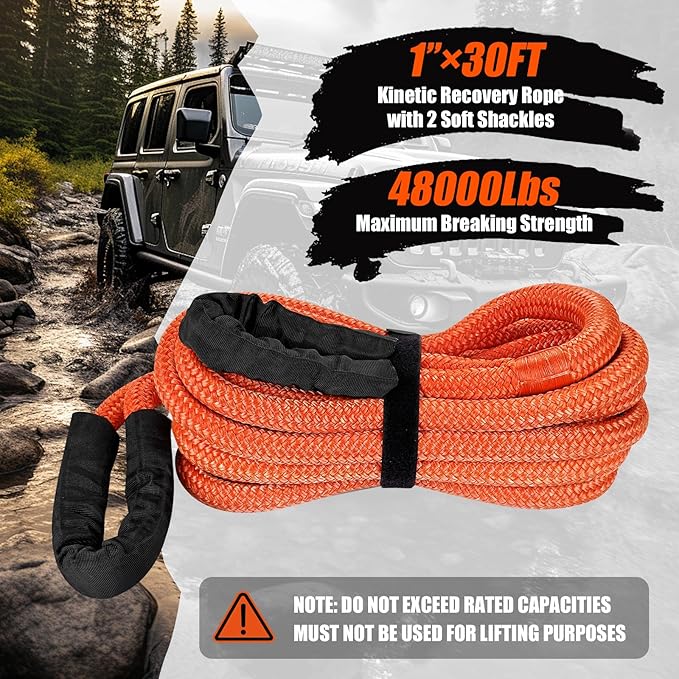 1" × 30ft Kinetic Recovery Tow Rope (48,000lbs), Heavy Duty Offroad Towing Straps Kit, Includes 2 Soft Shackles, Offroad Recovery Kit for UTV, ATV, Truck, Car, Jeep, Tractor (Orange)