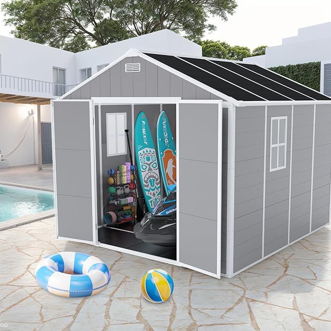 MyVoice 8x8 FT Outdoor Resin Storage Shed with HD Window, Rustproof Waterproof Garden Tool Shed, 12mm Thickened PP Panels, Large Capacity Outdoor Utility House for Backyard Patio (with Floor)