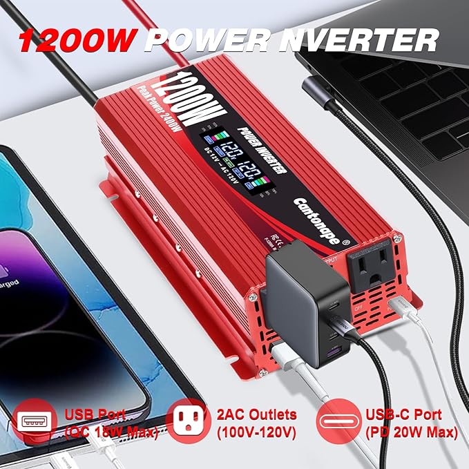 1200W/2400W(Peak) Car Power Inverter DC 12V to 110V/120V AC Converter with LCD Display Dual AC Outlets 3.0A USB and Type-C 12 Volt Inverter for Car Home Laptop Truck