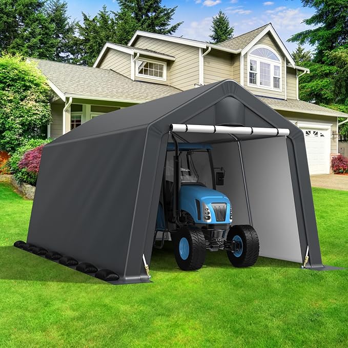 10x15FT Outdoor Storage Shelter Carport,Thickened Double-layer Heavy Duty Storage Shed Carport with Roll-up Zipper for Bike, Motorcycle, Garden Storage, Dual-color PE Waterproof and UV Resistant, Gray