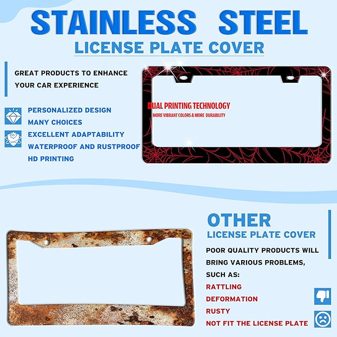 Red Spider Web License Plate Frame Funny Cobweb Stainless Steel License Plate Holder for Front or Rear Car Tags for Car Decoration Accessories with Screws 6.3 X 12.2 in for Women Men