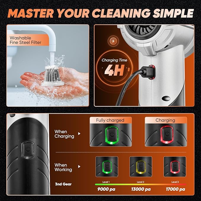 Saker Portable Handheld Vacuum Cordless Portable 17000PA Foldable Car Vacuum Cleaner Mini Dust Blower with Brushless Motor, Office Pet and Home Cleaning HL133