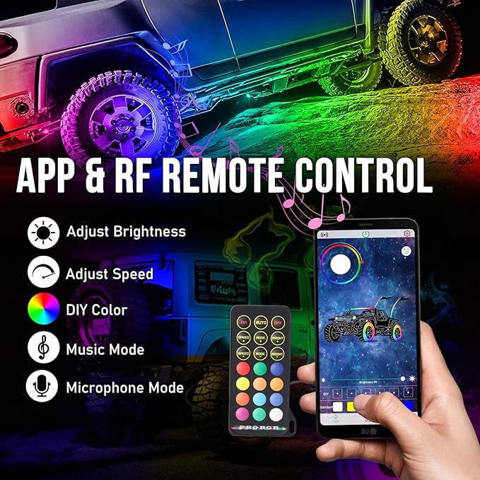 OPP ULITE Dream Chasing Color Led Rock Lights, 210° Luminous RGB & Pure White, Smartphone APP & RF Remote Control RGBW Underglow Interior Light for Jeep Truck SUV Car JK UTV ATV RZR Offroad Boat, 8Pod
