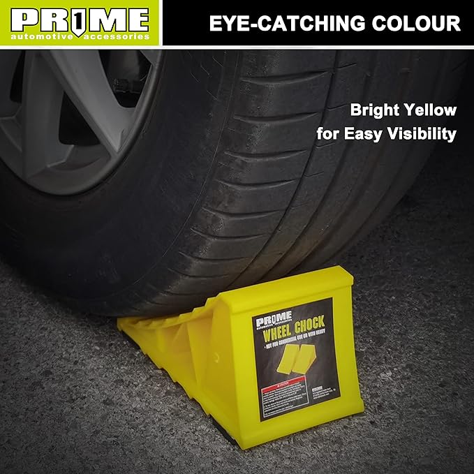 PR1ME Wheel Chocks with Non-Slip Base for RV & Trailer. 2 Pack Heavy Duty Wheel Chock with Bright Yellow. Lightweight Wheel Stoppers for Cars Camper Trucks RVs, Fit for Most Tyre Sizes