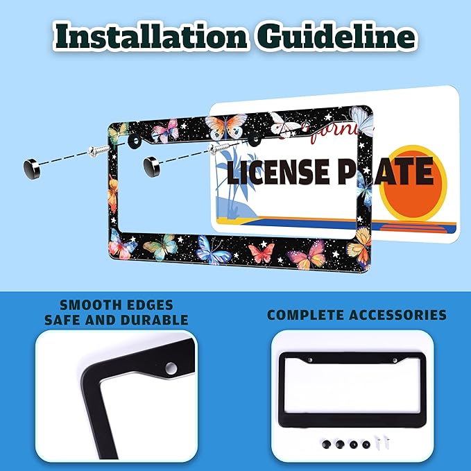 Beautiful Colorful Butterfly License Plate Frame Funny Watercolor License Plate Holder for Front or Rear Car Tags Stainless Steel Car Decoration with Screws 6.3 X 12.2 in