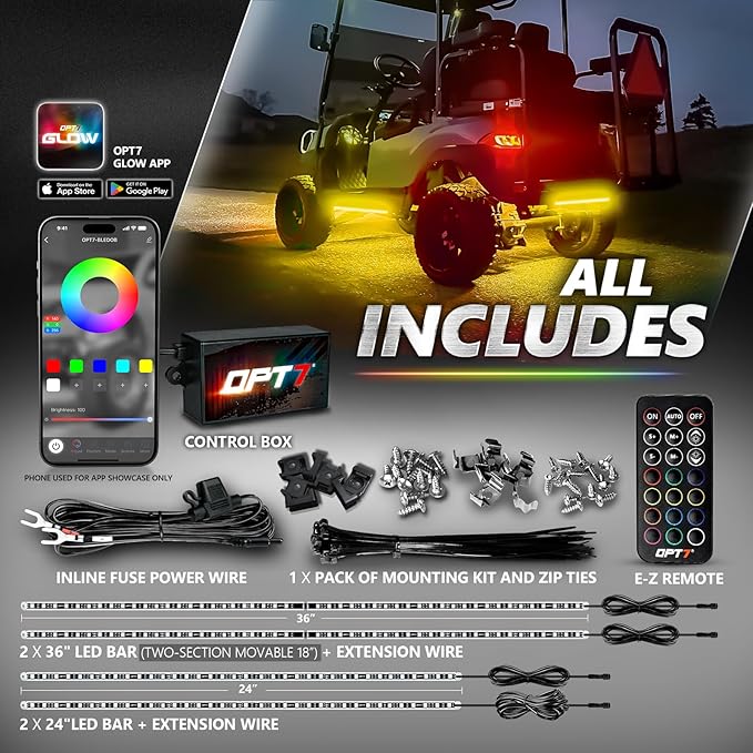 OPT7 Aura Pro Underglow Lights Kit for Golf Cart with APP & Remote Control, Waterproof Rigid Aluminum Light Bar, RGB Multicolor Music Sync LED Lighting Kit for EZGO Yamaha Club Car, 12V