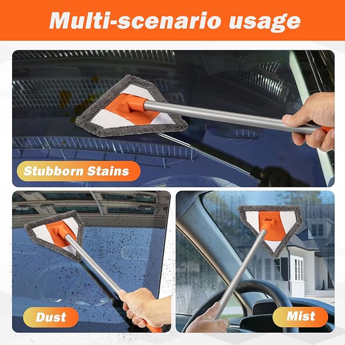 Conliwell Windshield Interior Cleaner Tool - Auto Glass Wash Brush with 2 Washable and Reusable Microfiber Pads | Car Accessories Interior Cleaning Kit for Trucks, SUVs, RVs & Home Windows