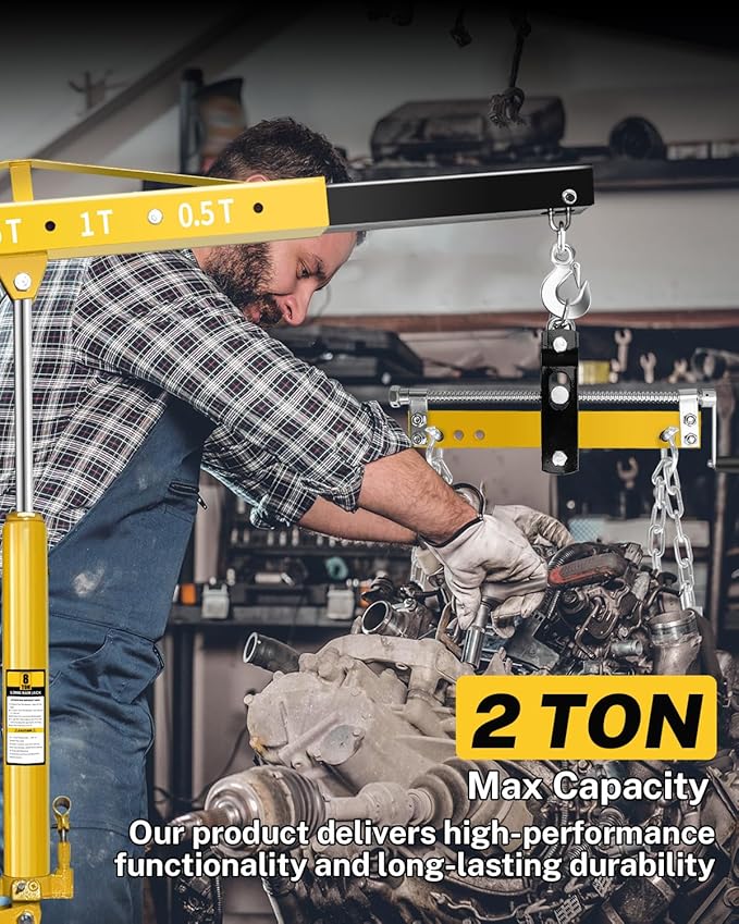2-Ton Folding Engine Hoist with Lever, Hydraulic Shop Crane with 6 Swivel Wheels & Adjustable Boom (0.5T-2T), Heavy-Duty Cherry Picker for Garage, Workshop, Truck, Farm (Net Wt. 168 lbs)