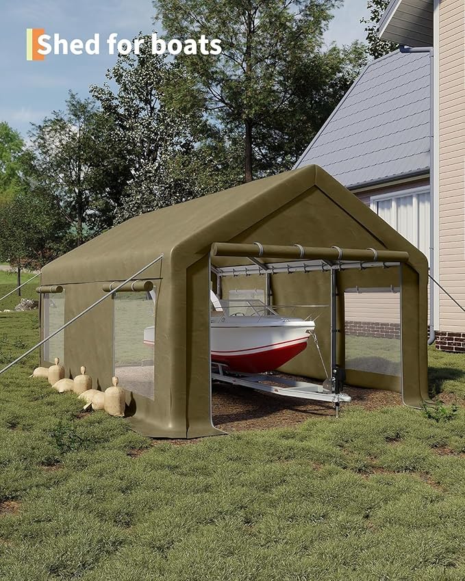 12 x 20ft Heavy-Duty Carport Canopy with Roll-Up Windows & DoorsThickened Wind Ropes, Ground Nails, Portable Car Tent Garage for Cars, Trucks, Boats, 180G Durable Tarp Cover,Yellow