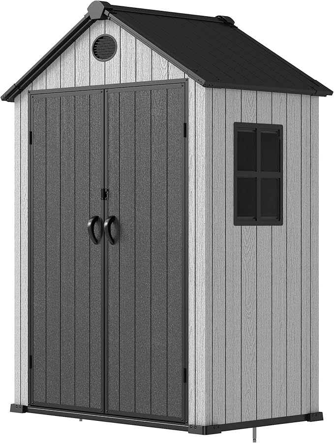 5.3x3.4 FT Resin Outdoor Storage Shed, 135 Cuft Garden Tool Sheds & Outdoor Storage Plastic Shed with Floor, 7FT Tall Outside Lawn Mower Storage Shed with Side Window, Cemented Grey Black