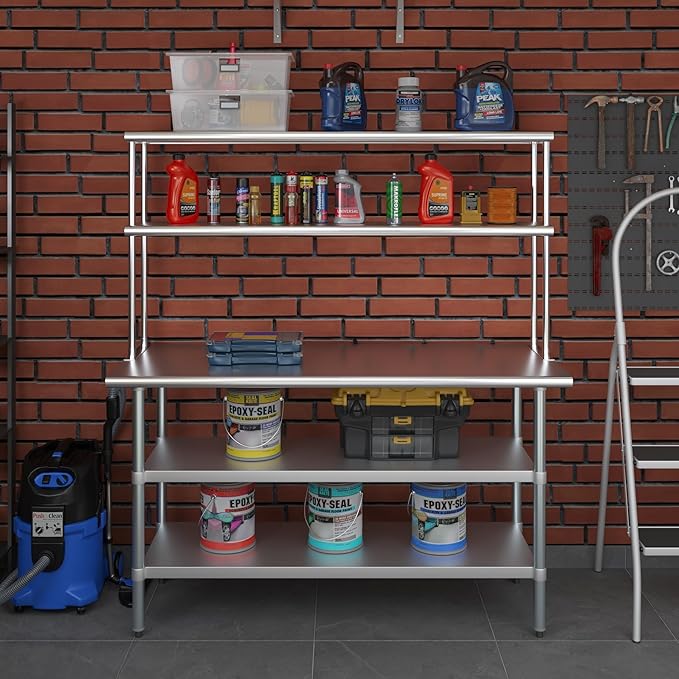 Amgood Stainless Steel Work Table with 2 Shelves | Metal Kitchen Prep Table & Shelving Combo (24" x 60" Table with 2 Shelves + 12" Overshelf)