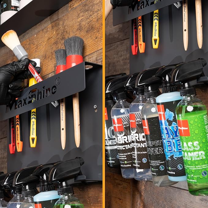 Maxshine Universal Detailing Brush & Spray Bottle Holder - Car Garage & Mobile Detailing Organizer, Holds 10 Detailing Brushes & Trigger Spray Bottles, Space-Saving Auto Detailing Accessories